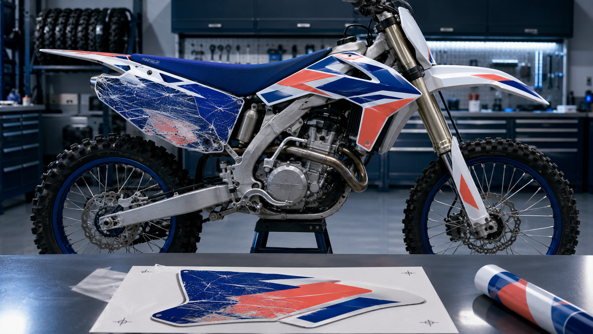 Naarmuuntunut motocross-sivupaneeli ja sen vieressä uusi painettu korvaava tarrapala
