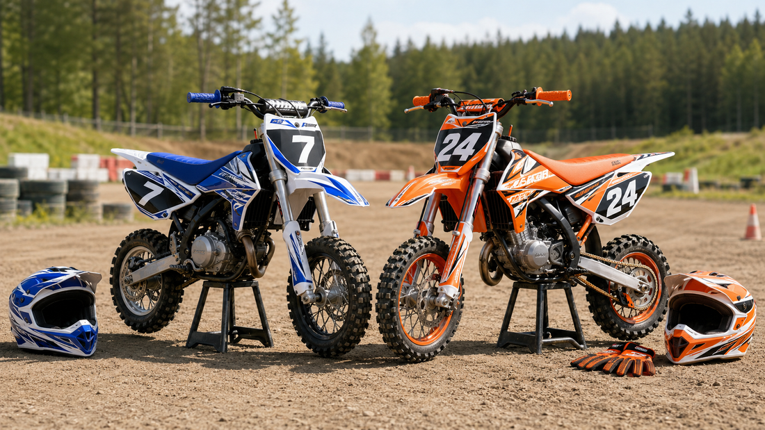 Kaksi pientä 50-kuutioista motocross-pyörää kirkkailla grafiikoilla ja numeroilla 7 sekä 24