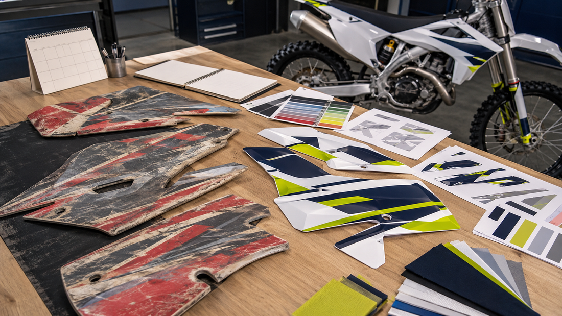 Motocross-pyörän grafiikan suunnittelu vanhasta ilmeestä uuteen kausiversioon