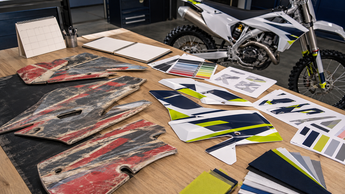 Motocross-pyörän grafiikan suunnittelu vanhasta ilmeestä uuteen kausiversioon