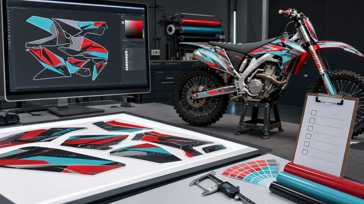 Motocross-tarrasarjan laadunvalvontapöytä, painetut paneelit, värinäytteet ja valmis pyörä
