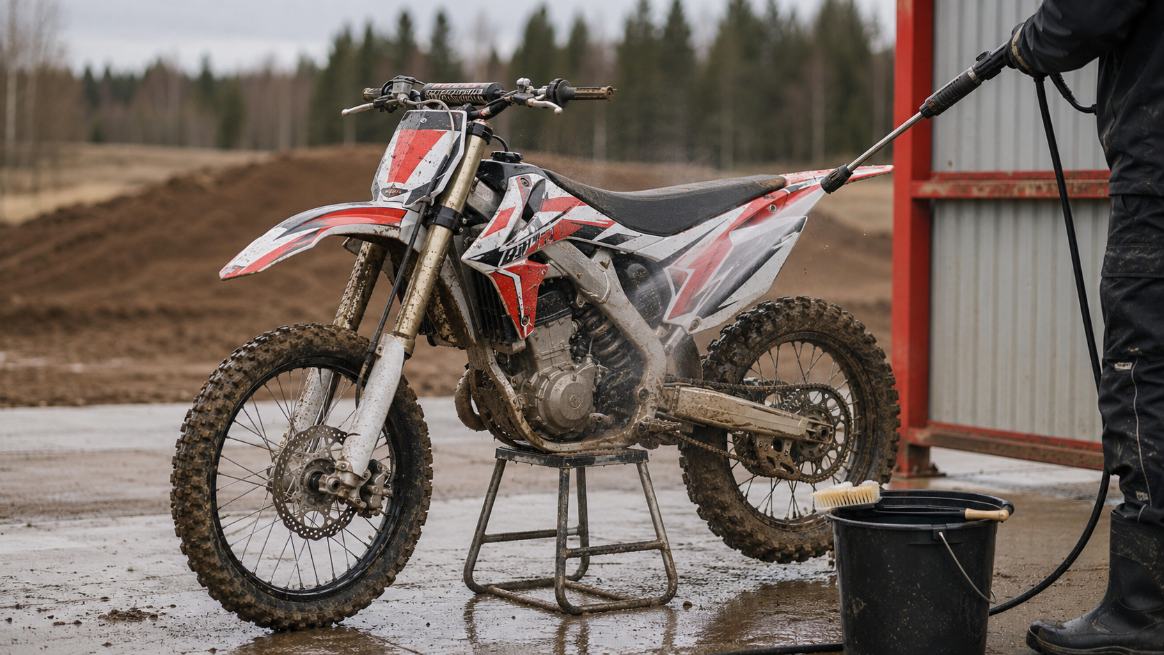 Säker sköljning av ett laminerat motocrossdekalkit efter lerig körning