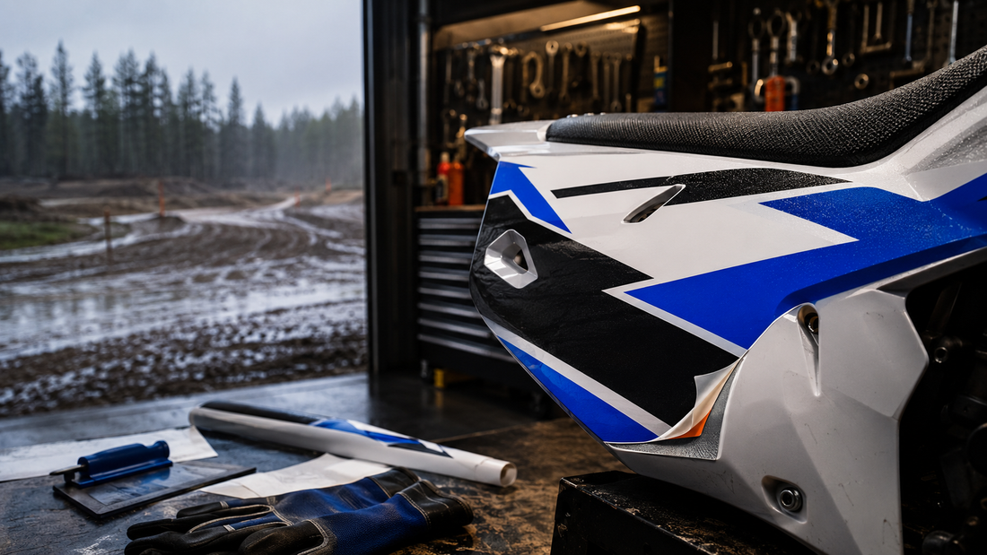 Laminerat motocrossdekalkit i en verkstad vid en regnig bana