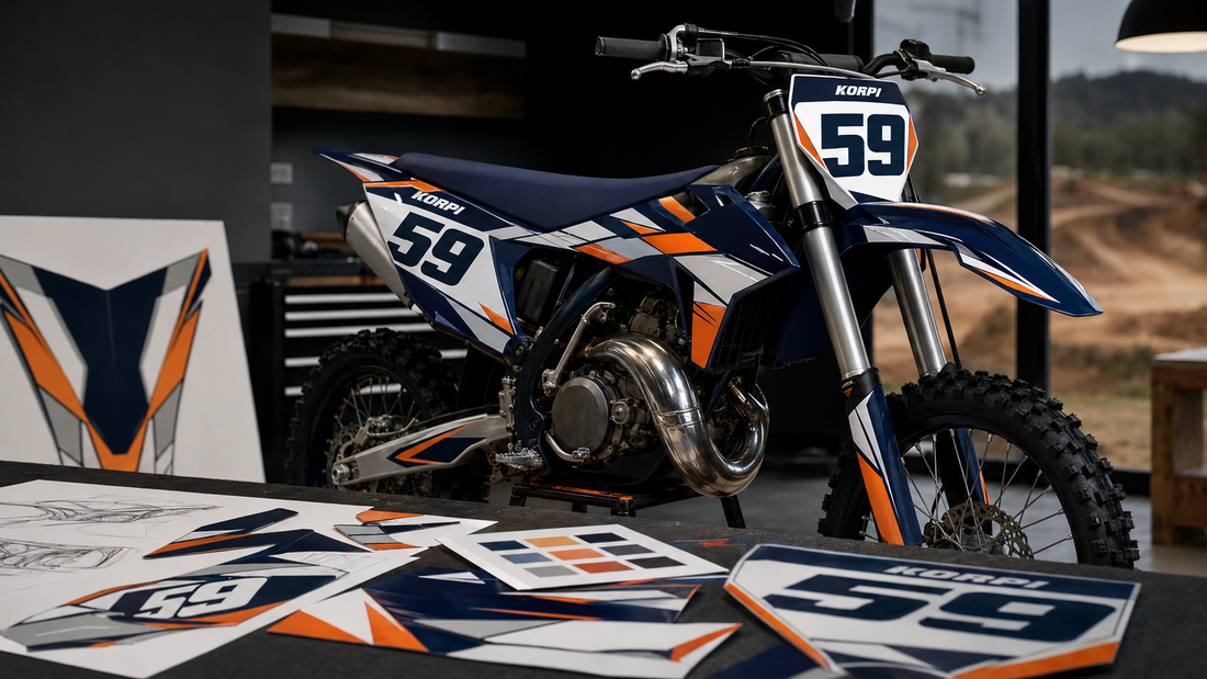 Kuljettajan nimi KORPI ja kilpailunumero 59 osana sinioranssia motocross-grafiikkaa
