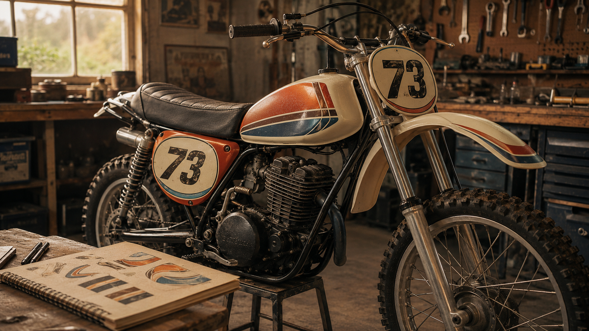 Alkuperäinen 1970-luvun hengestä inspiroitu motocross-grafiikka lämpimillä raidoilla ja numerolla 73