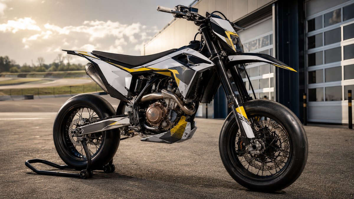 Supermoto-pyörä asfaltilla lämpimän renkaan ja painettujen grafiikkapaneelien kanssa
