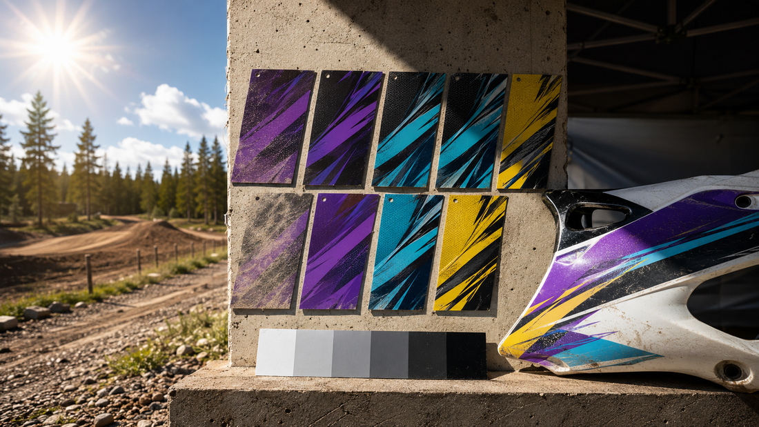Motocross-tarran värinäytteet auringossa ja varjossa UV-kestävyyden vertailua varten