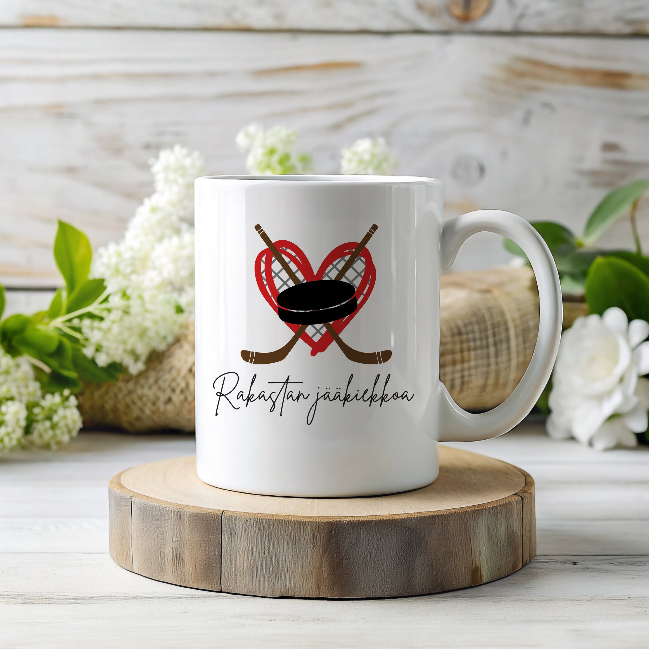 Jääkiekkoaiheinen lahjamuki kiekkofanille