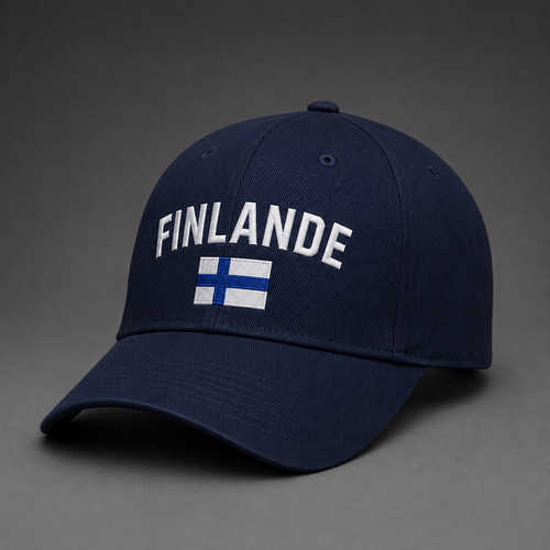 Tummansininen brodeerattu lippis, jossa suuri valkoinen FINLANDE-kaariteksti ja Suomen lippu.