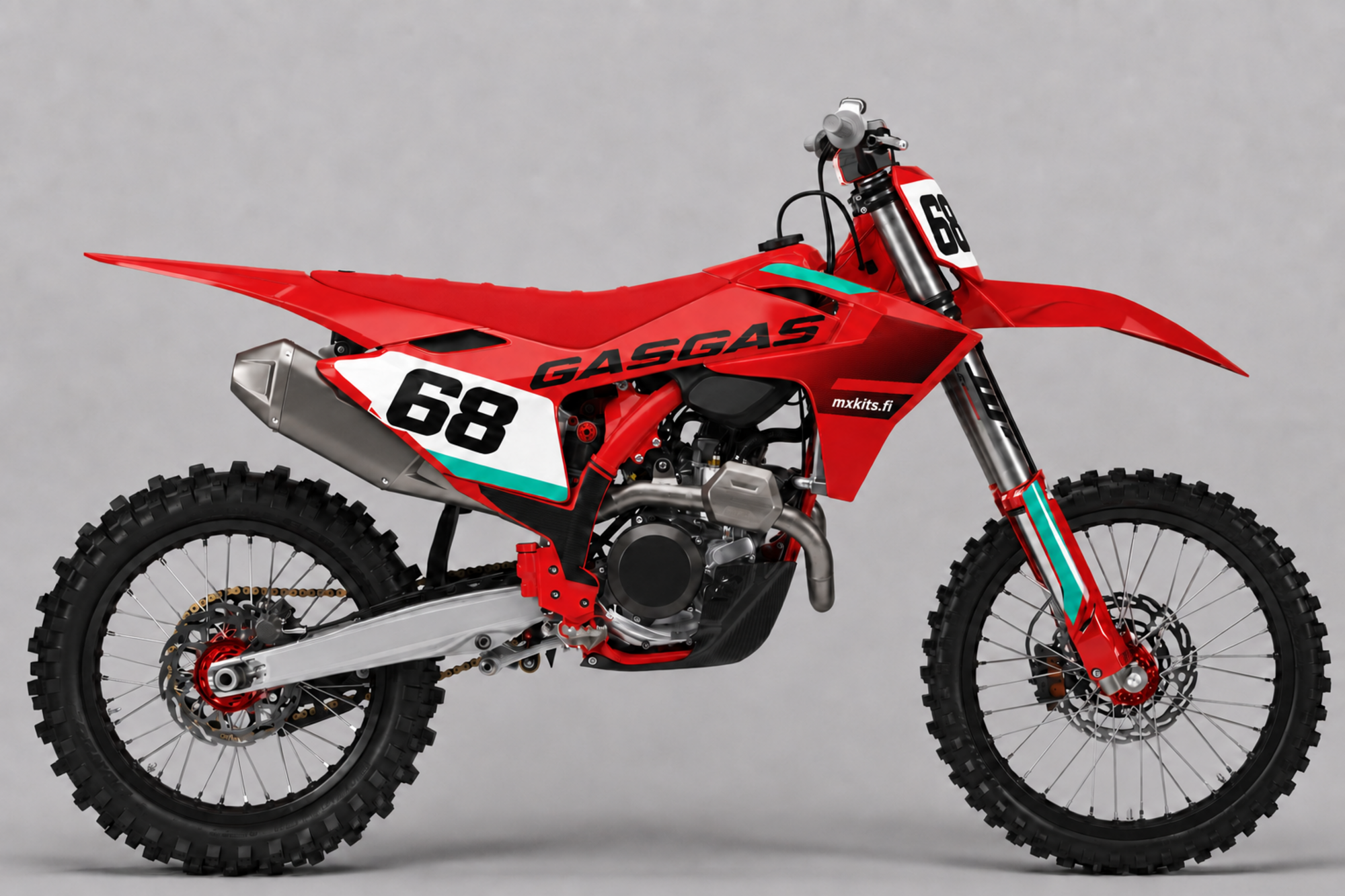 Punainen GasGas-motocrosspyörä valkoisella numerokentällä ja turkooseilla Factory-aksenteilla, numero 68 ja mxkits.fi.