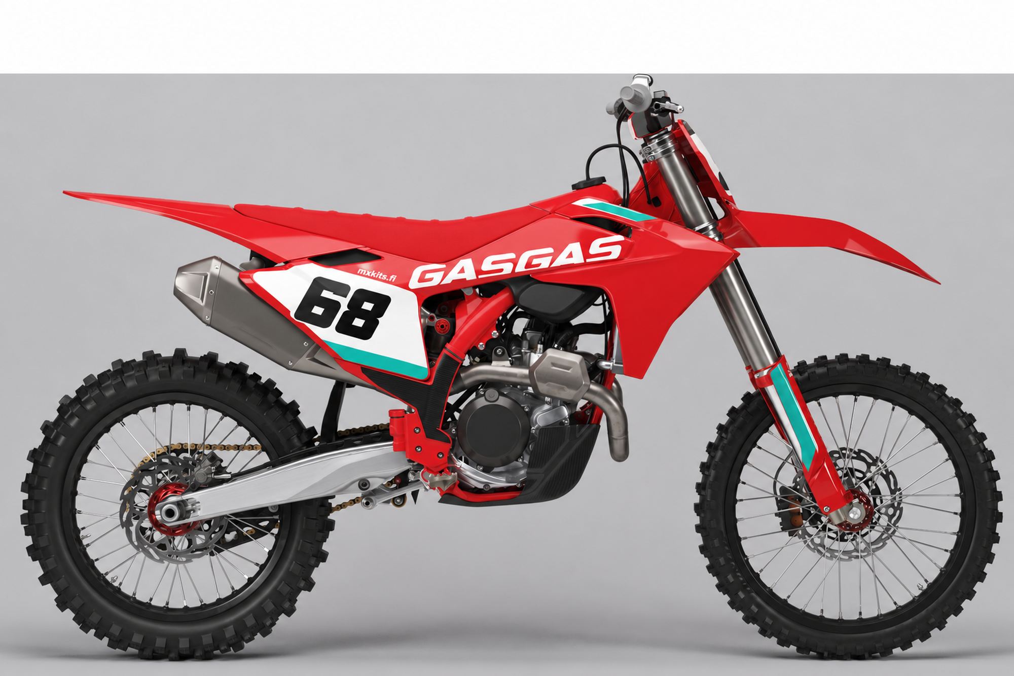 Punainen ja valkoinen GasGas-motocrosspyörä mustilla ja turkooseilla tehdasaksenteilla, numero 68, GASGAS ja mxkits.fi.