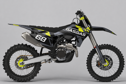 GasGas Happopulssi personoitava motocross-tarrasarja, musta grafiitti ja neonkeltaiset yksityiskohdat sekä esimerkkiluku 68