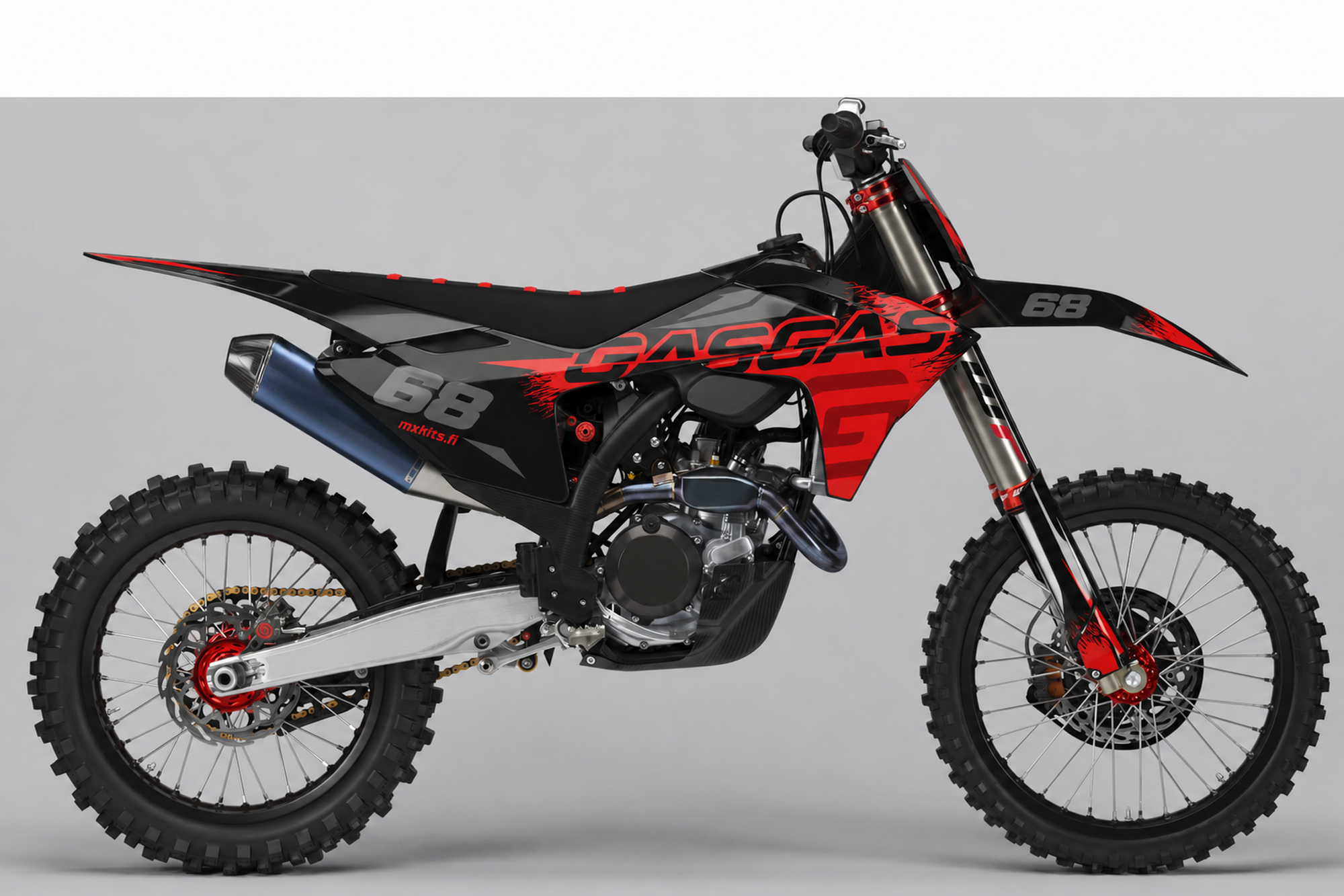 Musta, tummanharmaa ja punainen GasGas-motocrosspyörä Intense Invert -grafiikalla, numero 68, GASGAS ja mxkits.fi.