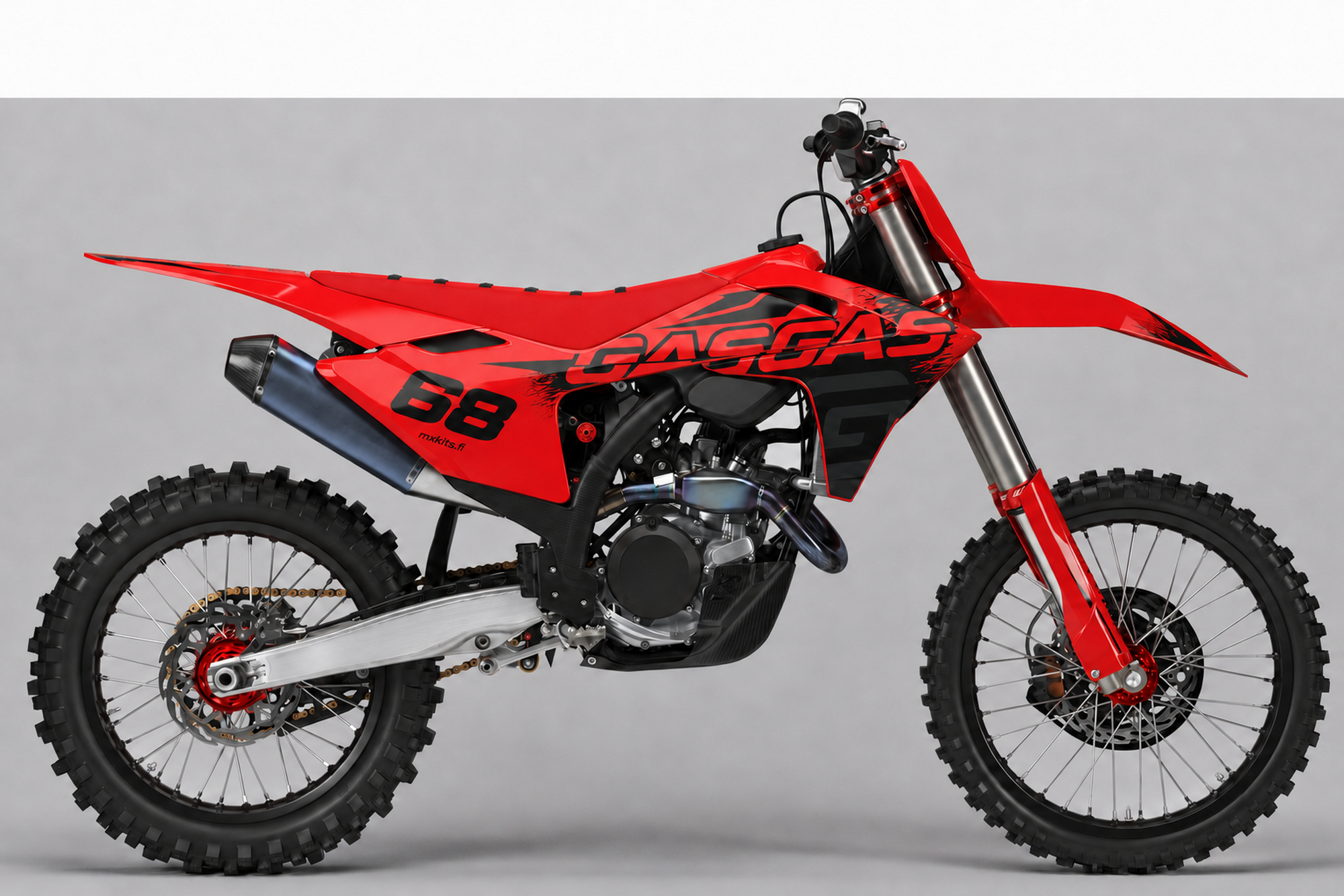 Punainen GasGas-motocrosspyörä mustalla Intense Red -grafiikalla, numero 68, GASGAS ja mxkits.fi.