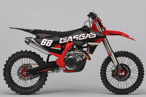 GasGas Lähdeviiva personoitava motocross-tarrasarja, punainen, beige ja musta sponsoriton grafiikka sekä esimerkkiluku 68
