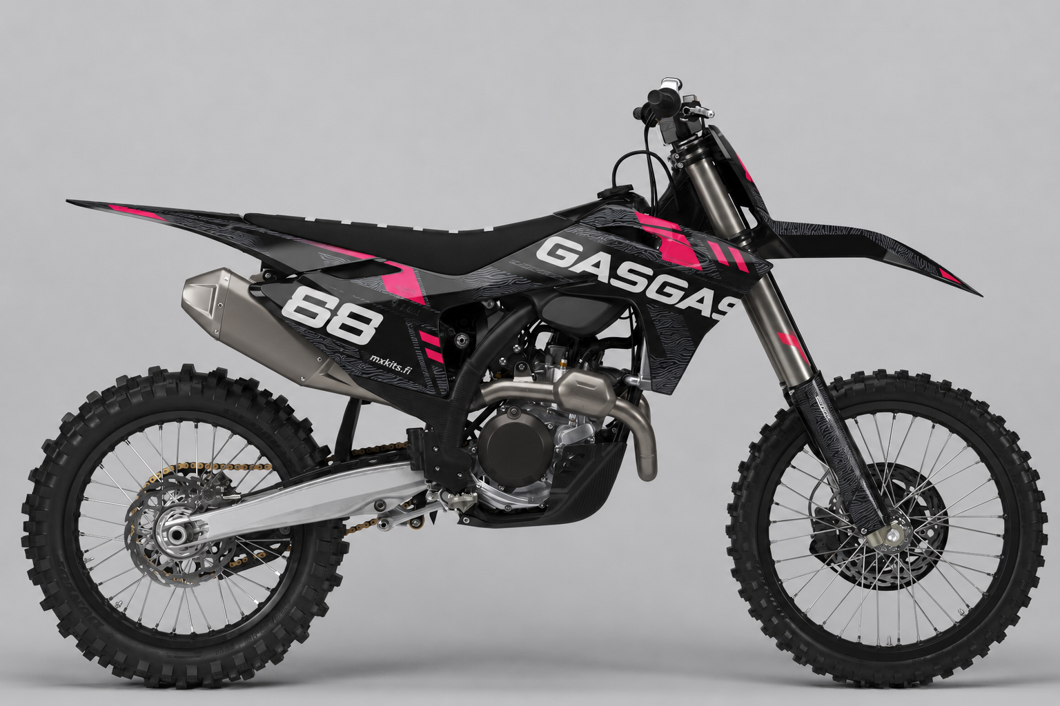 GasGas Pinkkivastus personoitava motocross-tarrasarja, musta grafiitti ja pinkki sponsoriton grafiikka sekä esimerkkiluku 68