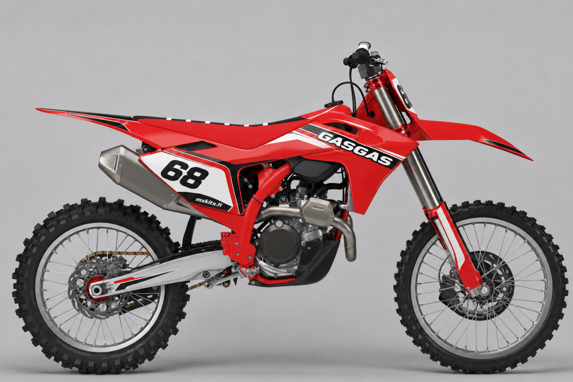 Punainen, valkoinen ja musta GasGas-motocrosspyörä virtaviivaisella grafiikalla, numero 68, GASGAS ja mxkits.fi.