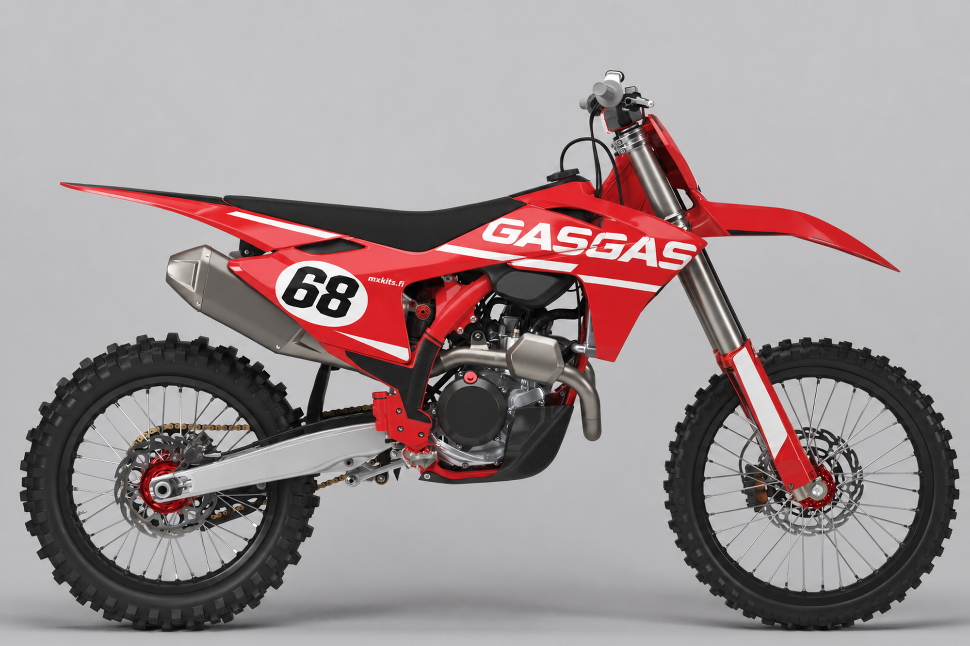 Punainen, valkoinen ja musta GasGas-motocrosspyörä pelkistetyllä retro-grafiikalla, numero 68, GASGAS ja mxkits.fi.