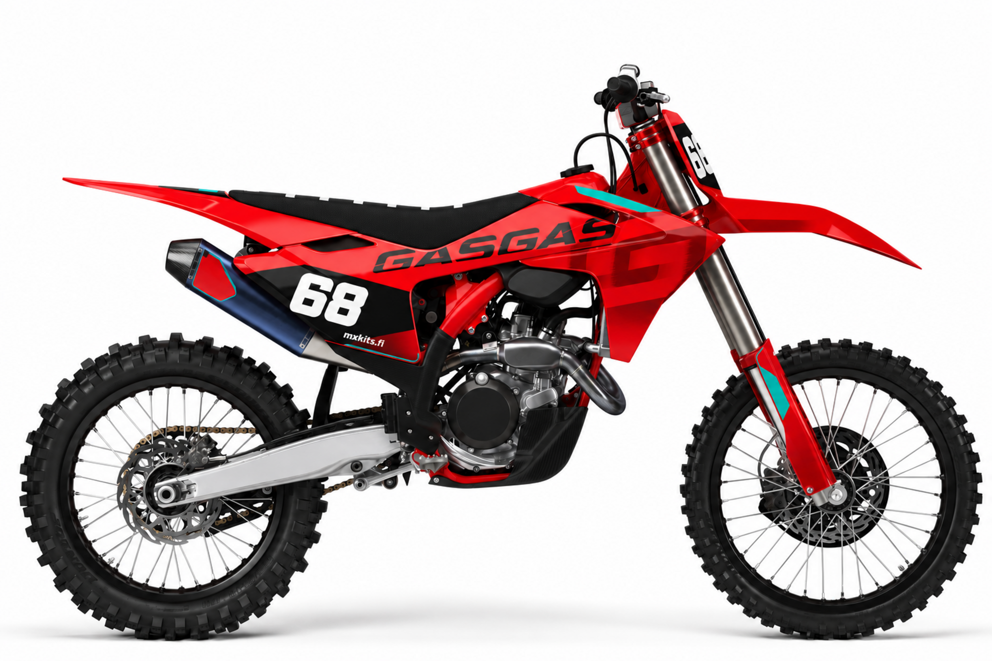 Punainen ja musta GasGas-motocrosspyörä turkooseilla Stock-grafiikka-aksenteilla, numero 68, GASGAS ja mxkits.fi.