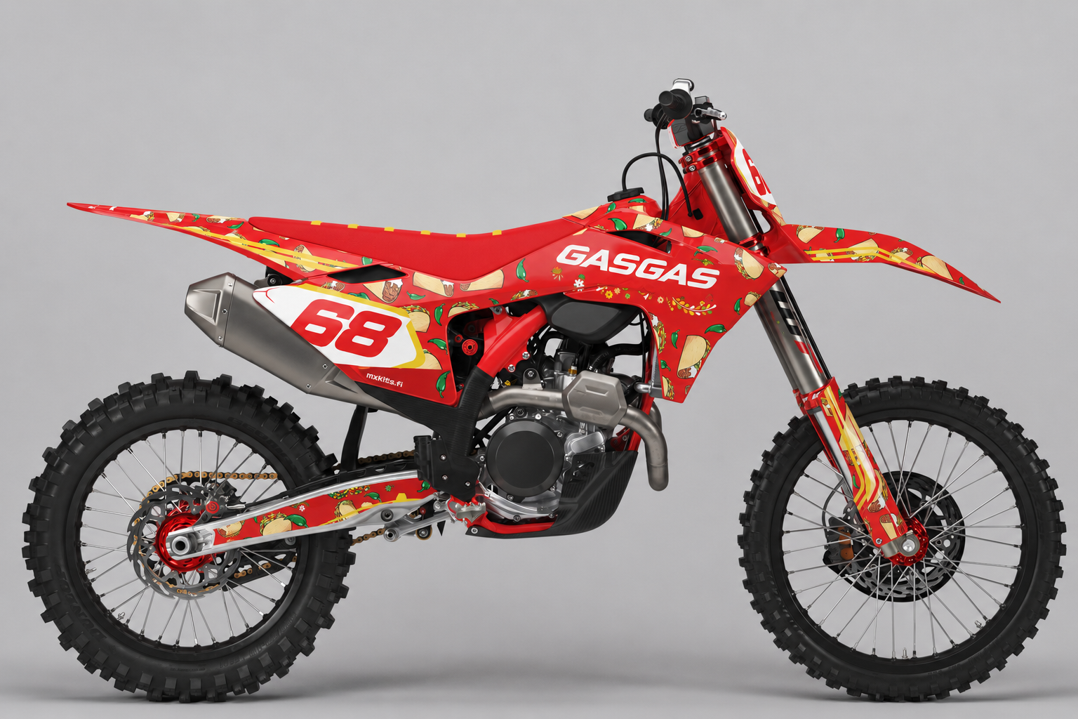GasGas Tacokarnevaali personoitava motocross-tarrasarja, punainen ja musta kuvitettu grafiikka sekä esimerkkiluku 68