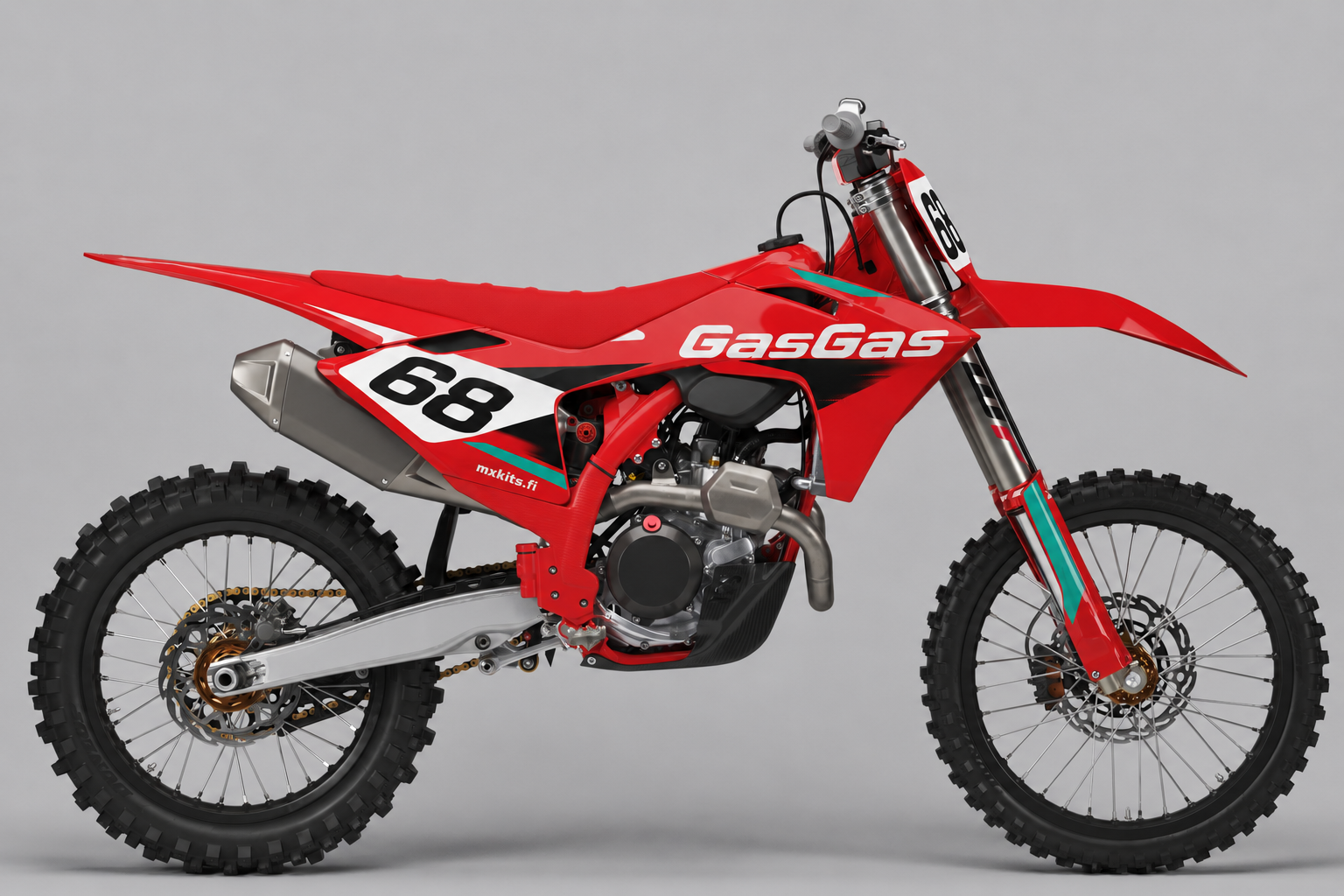 GasGas Tehdaspulssi personoitava motocross-tarrasarja, punainen musta ja turkoosi, numero 68 ja mxkits.fi
