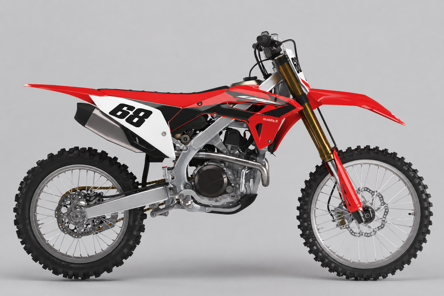 Punavalkoinen Honda CRF Viisivaihde -tarrasarja, numero 68 etu- ja sivukilvessä sekä pieni mxkits.fi sivukatteessa.
