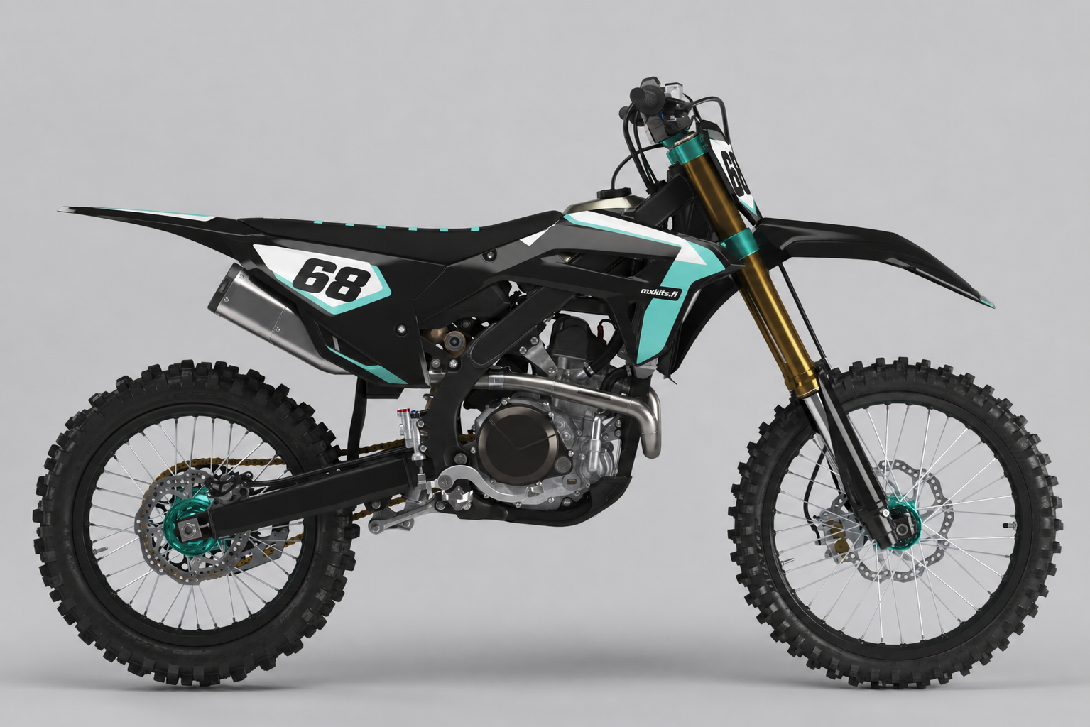 Musta ja turkoosi Honda CRF Turkoosivirta -grafiikka, kaksi numeroa 68 ja hillitty mxkits.fi-merkintä sivussa.