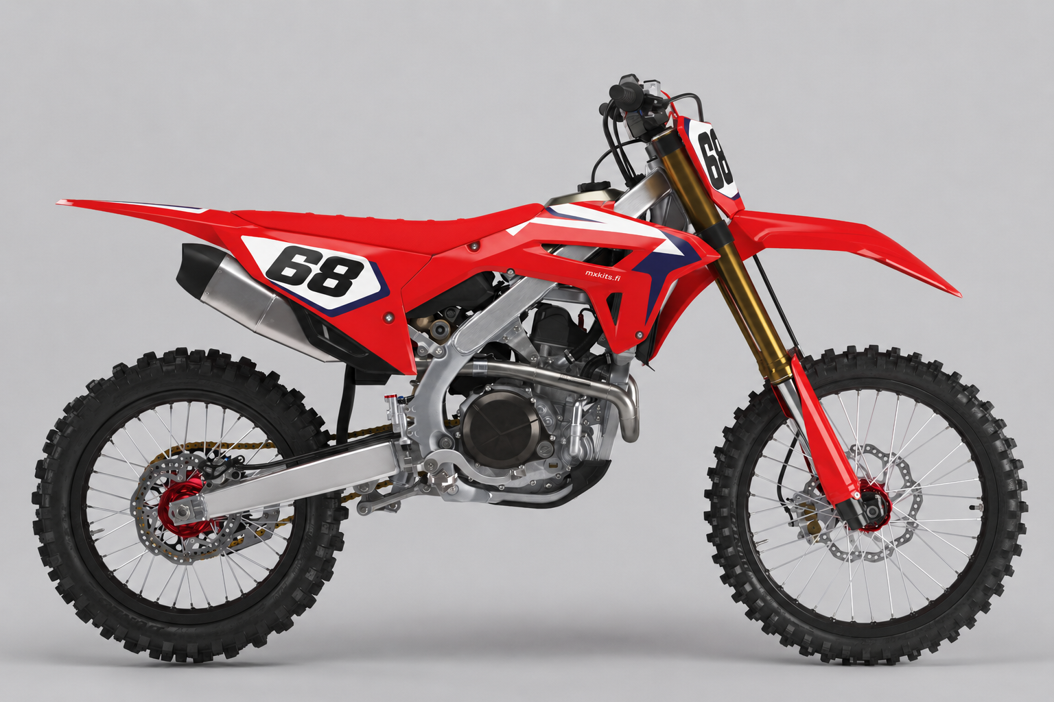 Honda CRF Tehdassalama punamustalla grafiikalla, numero 68 kahdessa kilvessä ja pieni mxkits.fi sivupaneelissa.