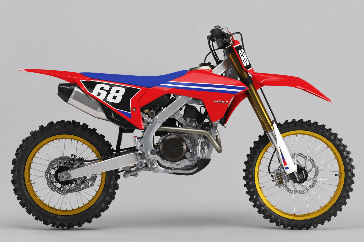 Retrohenkinen Honda CRF Kasarikaari sinipunaisilla raidoilla, kultavanteilla, kahdella 68-numerolla ja mxkits.fi-tekstillä.
