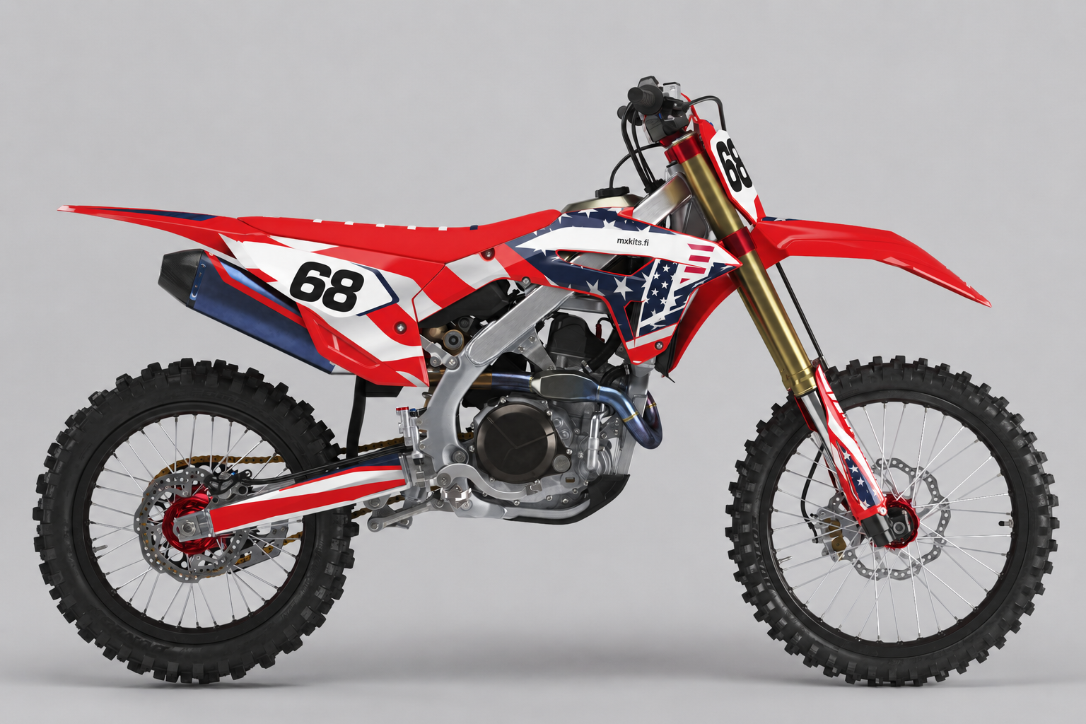 Tähtiraitainen Honda CRF Vapausviima punaisena, valkoisena ja sinisenä, numero 68 kahdessa kilvessä ja mxkits.fi sivulla.