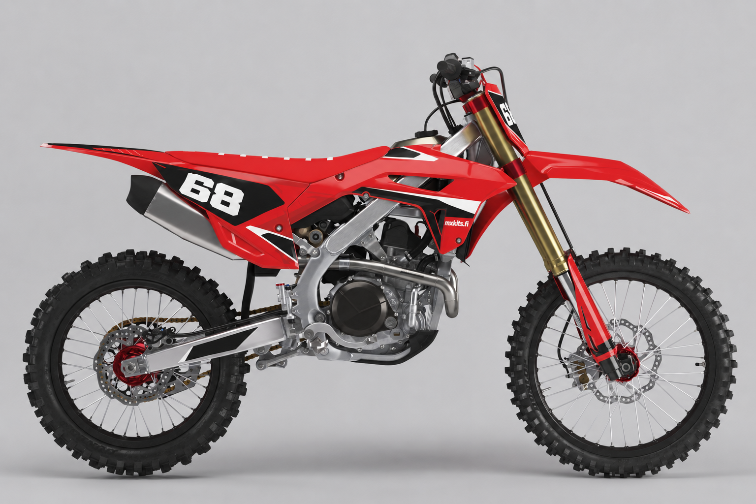 Punamusta Honda CRF Marjavarjo, valkoinen numero 68 etu- ja sivukilvessä sekä pieni mxkits.fi punaisella sivukatteella.