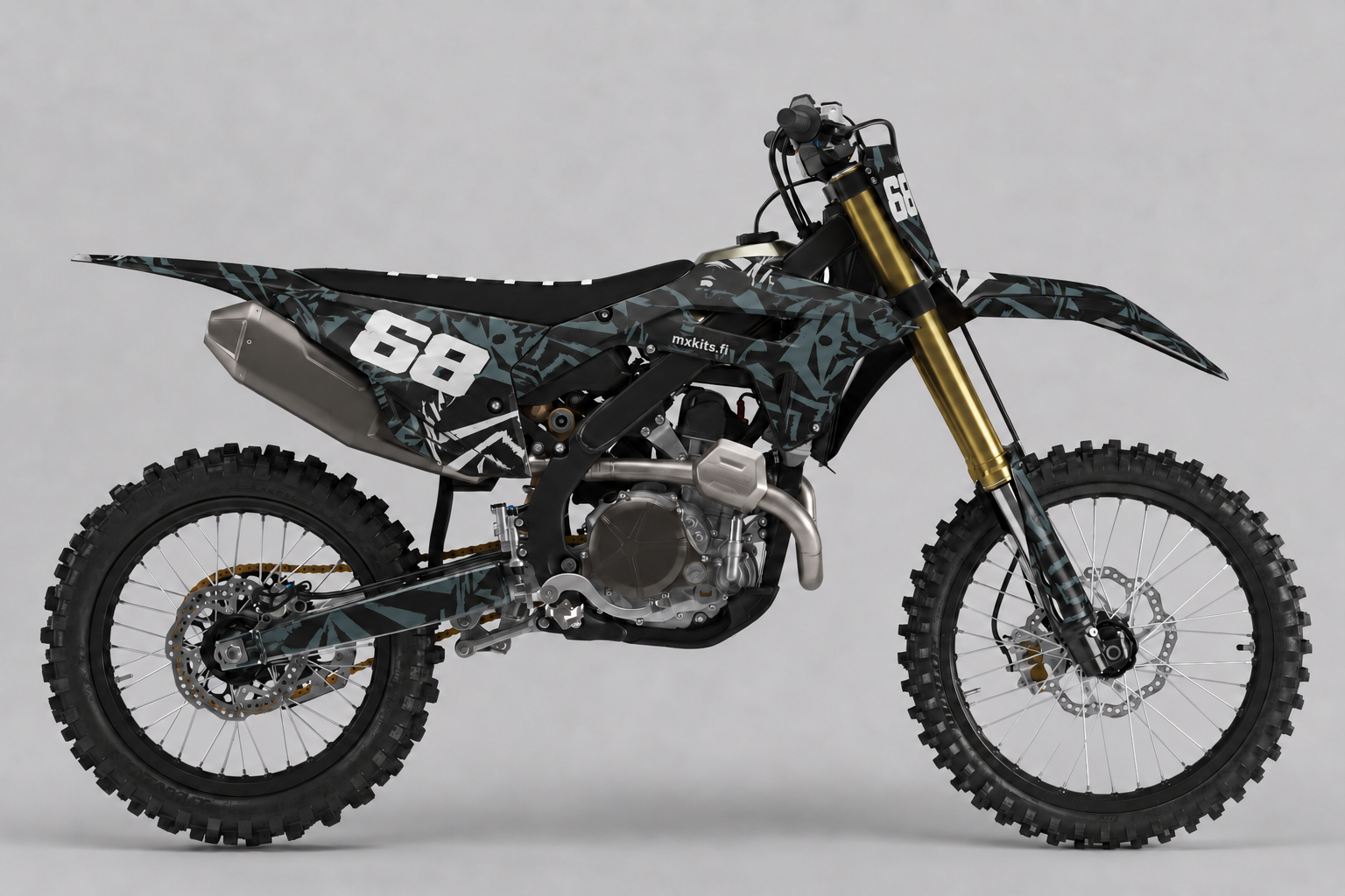 Tumma Honda CRF Sirpalesumu harmaalla sirpalekuviolla, numero 68 kahdessa kilvessä ja valkoinen mxkits.fi sivussa.