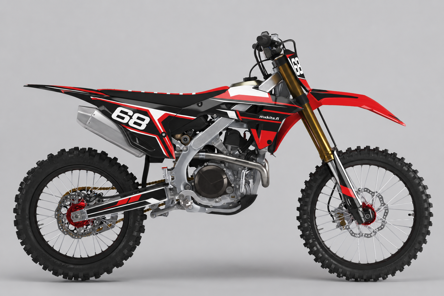 Honda CRF Iskulinja mustapunaisilla terävillä raidoilla, kaksi valkoista 68-numeroa ja pieni mxkits.fi sivulla.