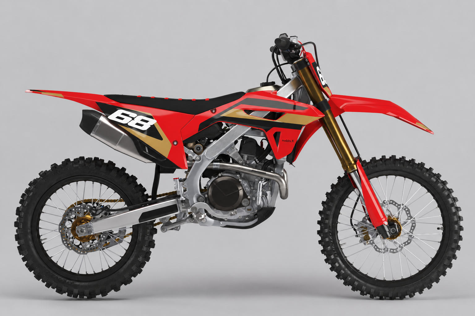 Punamusta Honda CRF Kultatauko kullanvärisillä raidoilla, numero 68 etu- ja sivukilvessä sekä mxkits.fi sivukatteessa.