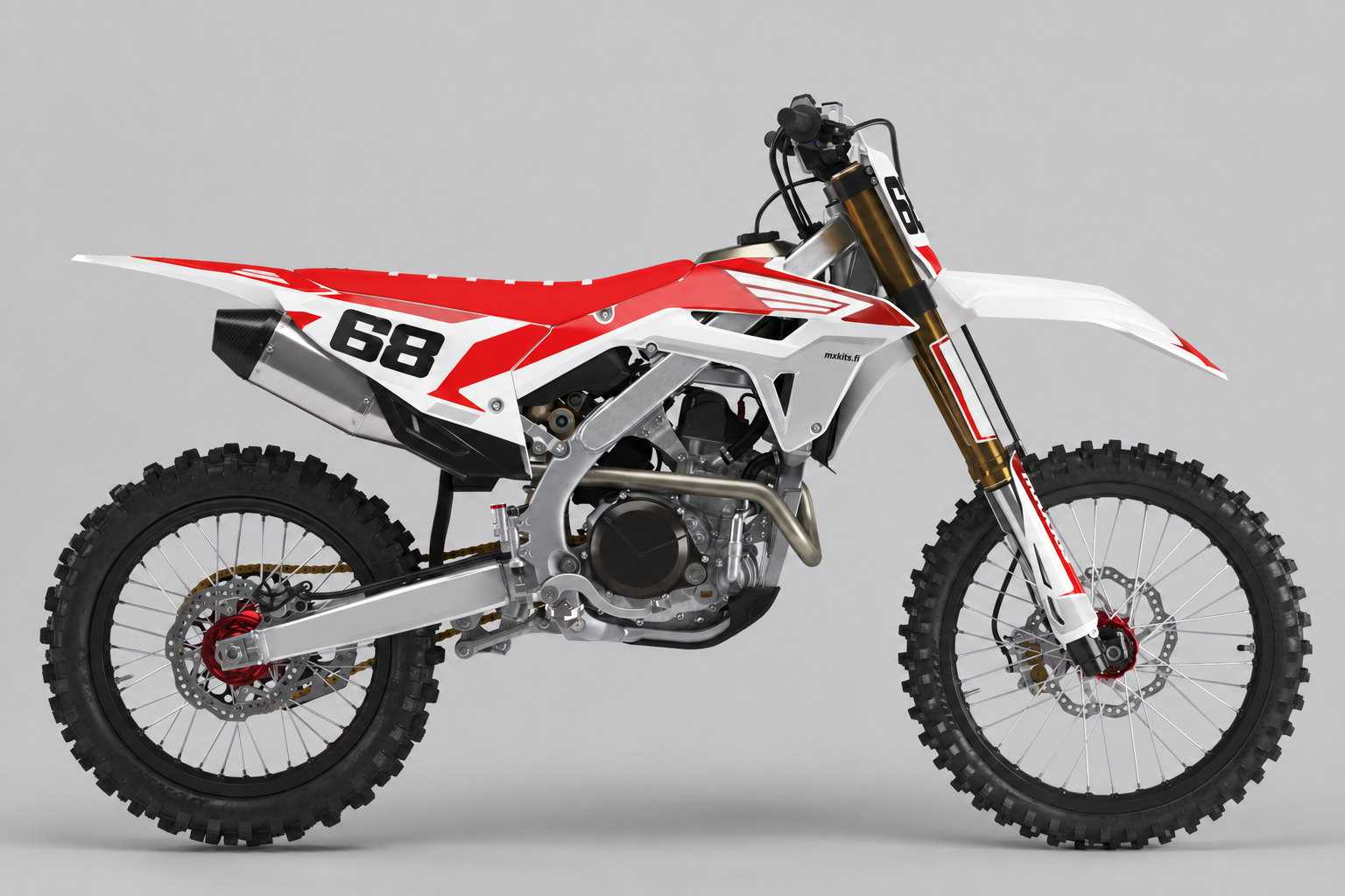 Valkopunainen Honda CRF Aamukiila hopeanharmailla viisteillä, numero 68 etu- ja sivukilvessä sekä mxkits.fi sivulla.