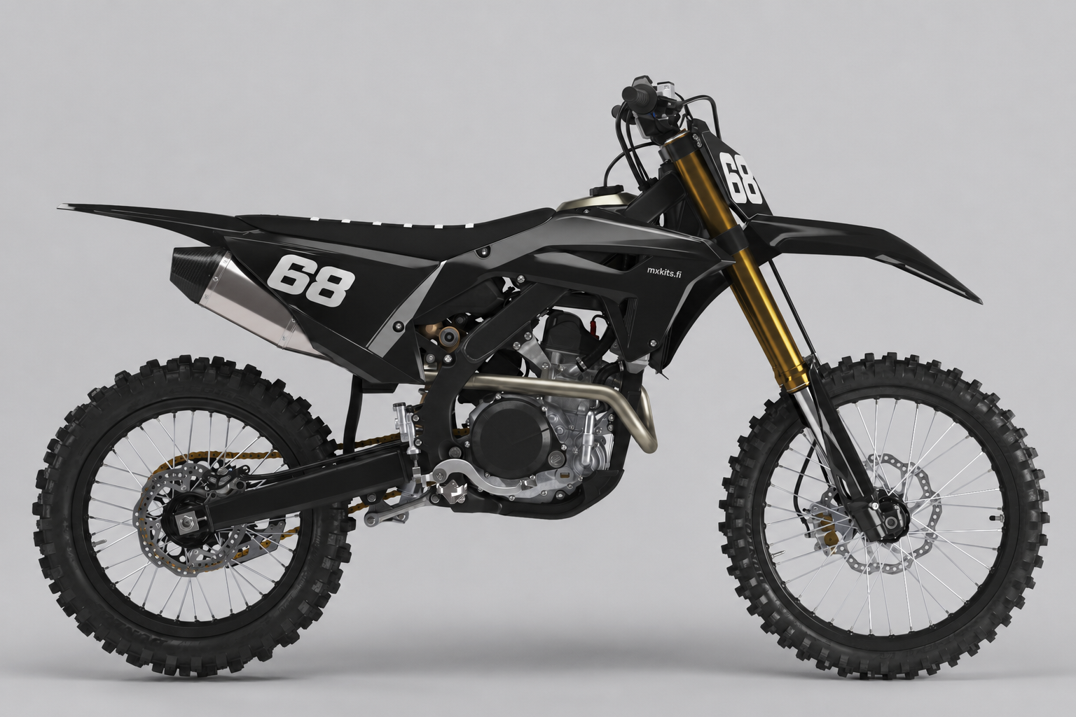 Kokomusta Honda CRF Hiiliyö hiilenharmailla viivoilla, valkoinen numero 68 kahdessa kilvessä ja mxkits.fi sivussa.