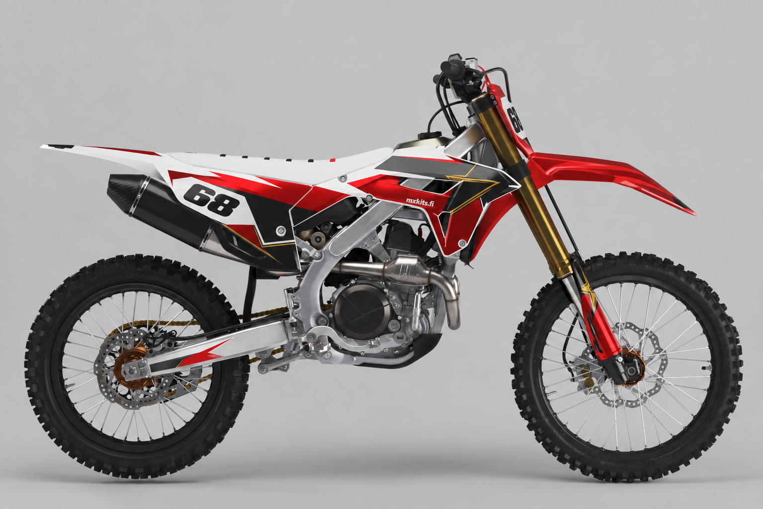 Honda CRF Kisakruunu punamustalla ja kullanvärisellä grafiikalla, kaksi numeroa 68 ja pieni mxkits.fi sivukatteessa.