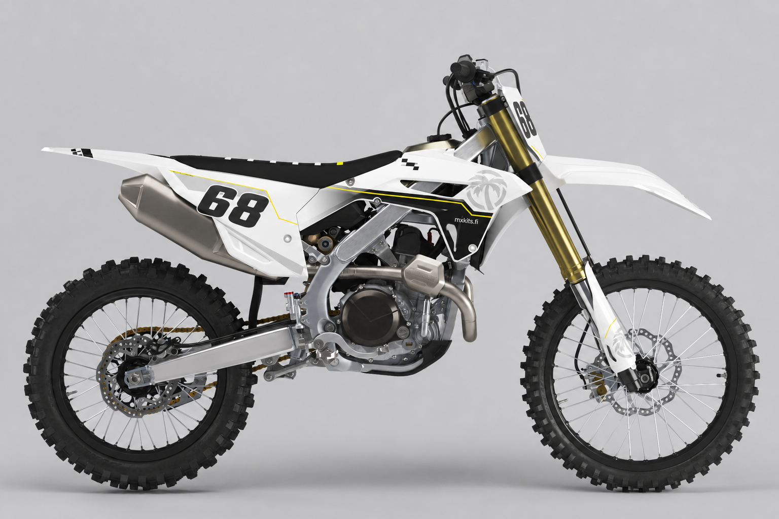 Helmenvalkoinen Honda CRF Helmenneula ohuilla musta-kultaisilla linjoilla, kaksi 68-numeroa ja mxkits.fi sivulla.