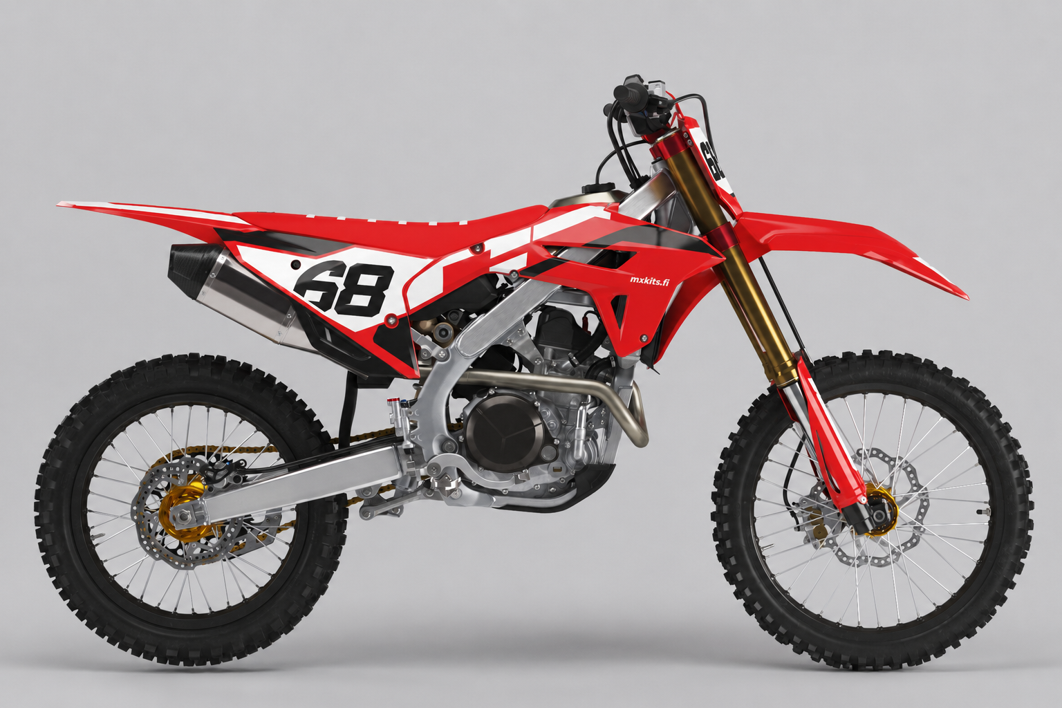 Punavalkoinen Honda CRF Maailmanviiva vahvoilla graafisilla raidoilla, kaksi numeroa 68 ja pieni mxkits.fi sivukatteessa.