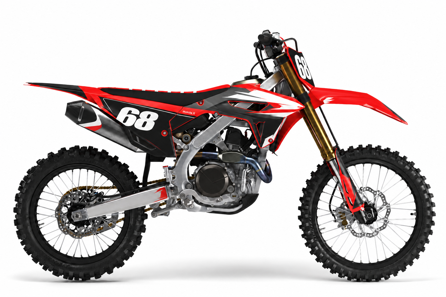 Punamusta Honda motocross-pyörä sivuprofiilissa, numero 68 etu- ja sivukilvessä sekä pieni mxkits.fi-merkintä.
