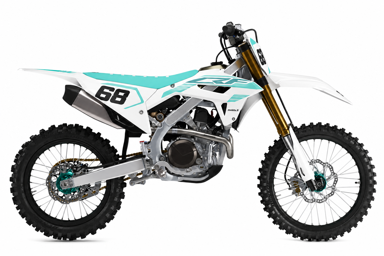 Turkoosivalkoinen Honda sivulta, numero 68 etu- ja sivukilvessä sekä pieni mxkits.fi-teksti mustalla sivuosalla.