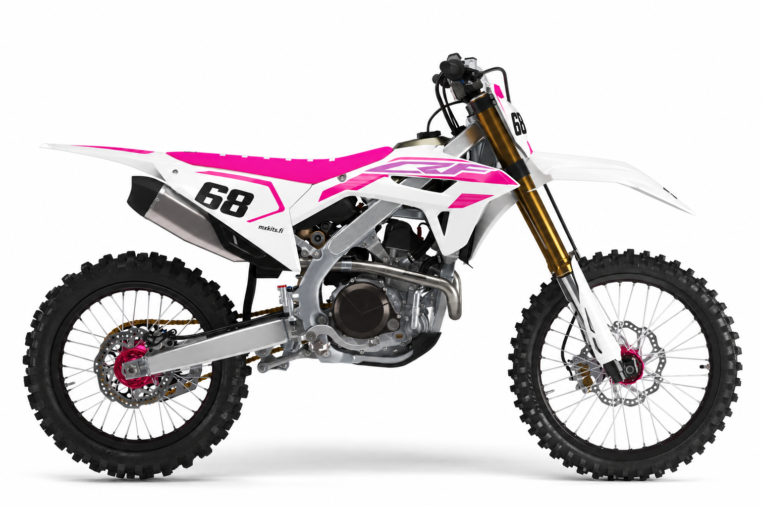 Roosavalkoinen Honda motocross-pyörä, numero 68 kahdessa kilvessä ja hillitty mxkits.fi sivugrafiikassa.