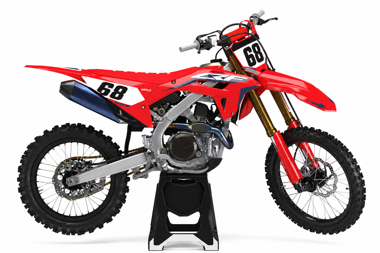 Laivastonsinipunainen Honda telineellä, numero 68 etu- ja sivukilvessä sekä pieni mxkits.fi sivulla.