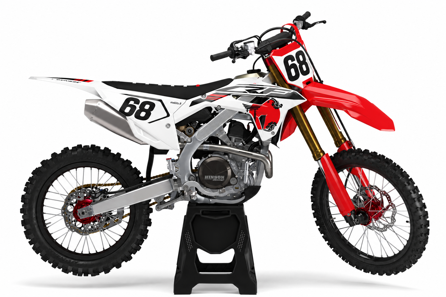 Japanihenkinen valkopunainen Honda telineellä, numero 68 kahdessa kilvessä ja pieni mxkits.fi sivupaneelissa.