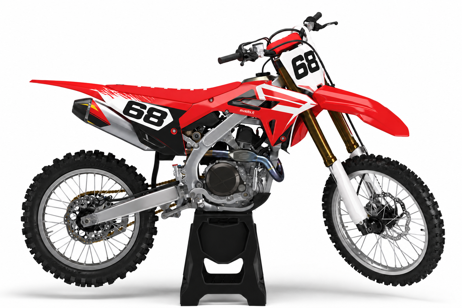 Retrohenkinen punamusta Honda, numero 68 etu- ja sivukilvessä sekä pieni mxkits.fi-merkintä sivulla.