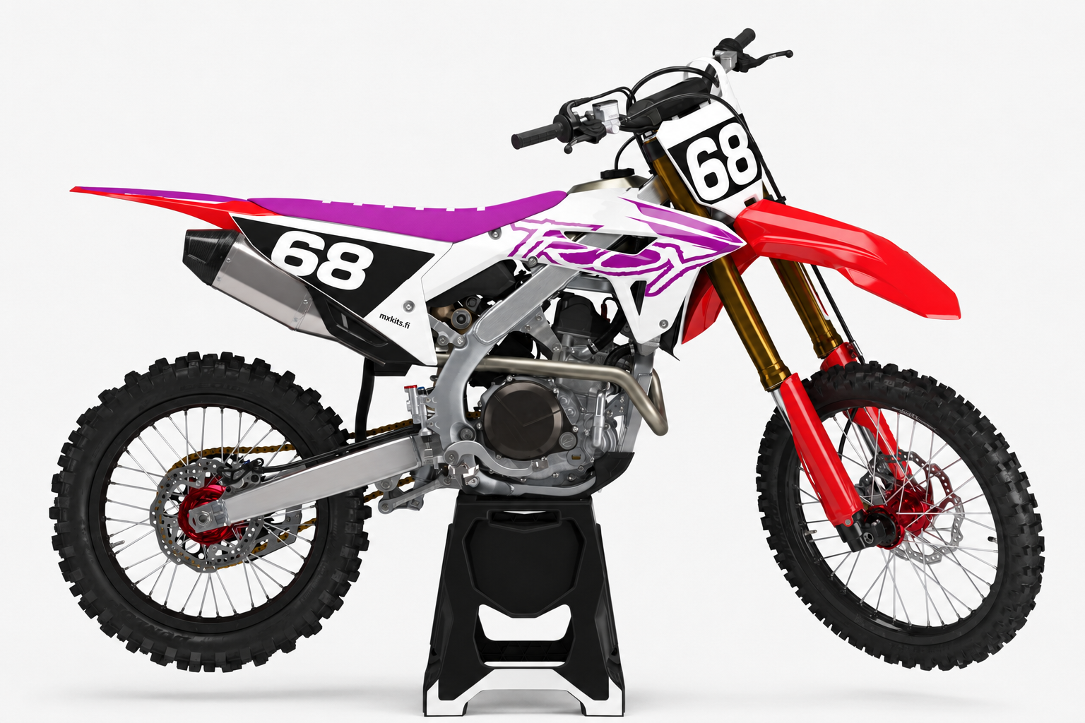 Purppura-magenta Honda telineellä, numero 68 etu- ja sivukilvessä sekä pieni mxkits.fi-teksti sivupaneelissa.