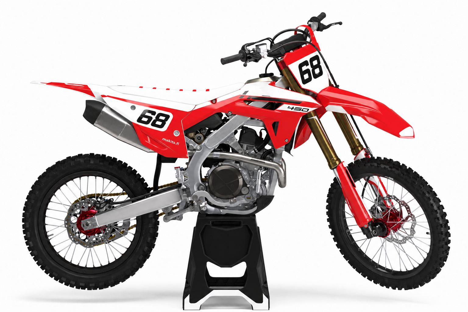 Punavalkoinen Honda Formula-tyylillä telineellä, numero 68 kahdessa kilvessä ja pieni mxkits.fi sivulla.