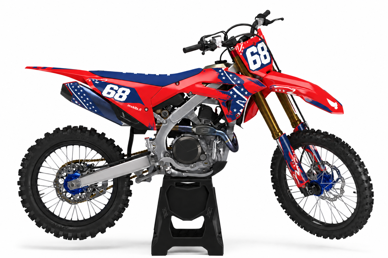 Blå-röd-vit Honda med stjärntema, nummer 68 på fram- och sidonummerplåten samt liten mxkits.fi-märkning på sidan