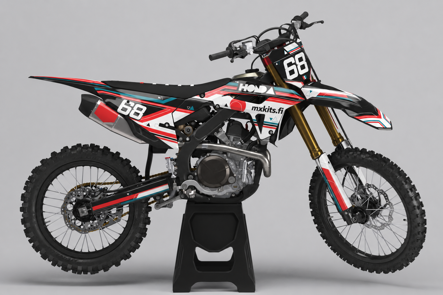 Honda Graafinen Formaatti punainen valkoinen musta ja turkoosi motocross-tarrasarja numerolla 68