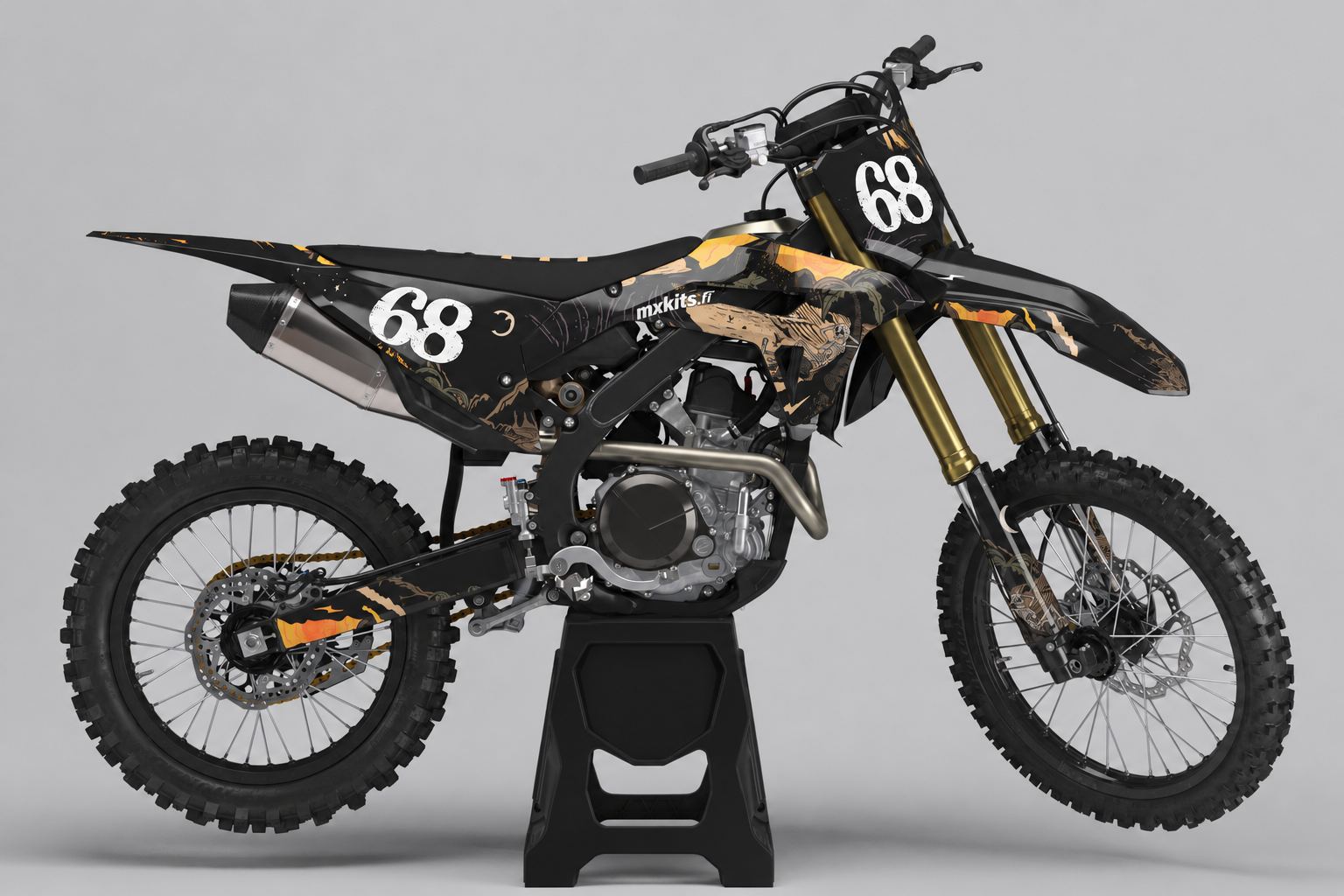 Musta Honda motocrosspyörä Päivän ja Yön Raja -tarrasarjalla, numerolla 68 ja mxkits.fi-tekstillä